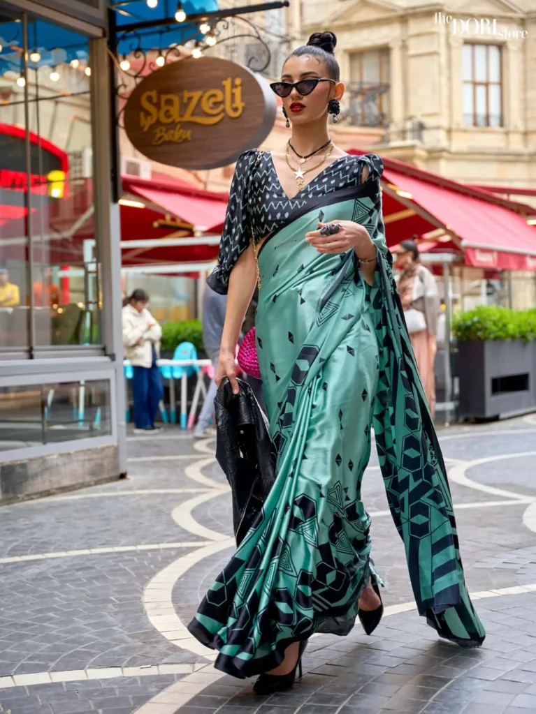 Aqua Blue Japan Satin Printed Silk Saree - party wear saree