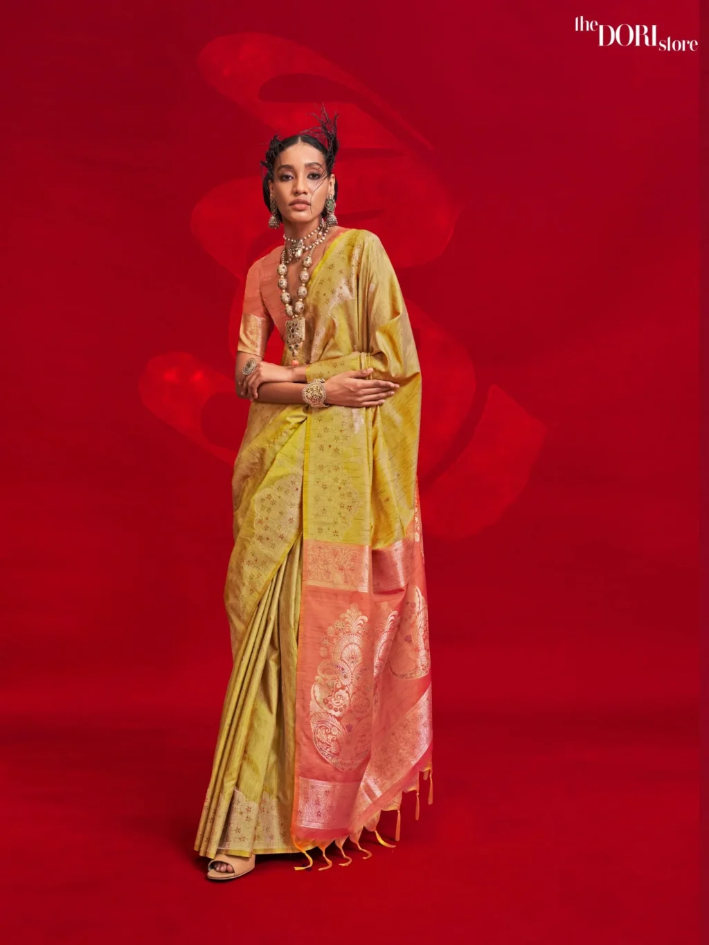 Lime Yellow Tussar Banarasi Silk Saree - party wear saree