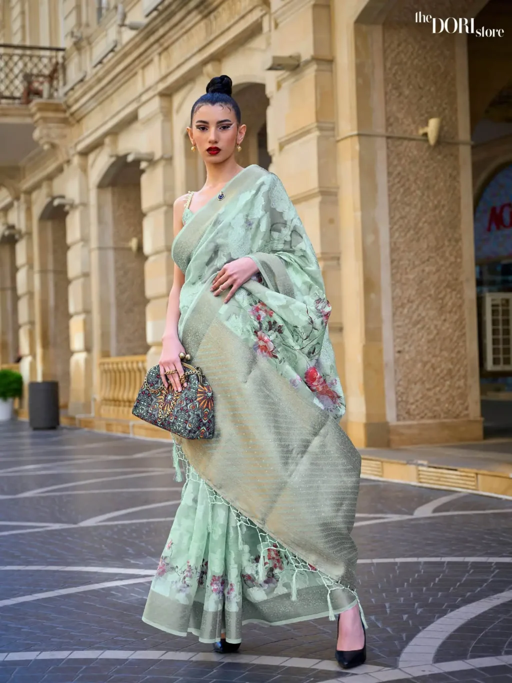 Ethnic Light Green Border Brasso Poly Printed Saree  - party wear saree