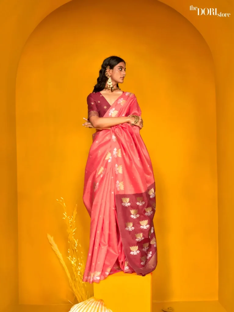 Ethnic Pink Tussar Handloom Banarasi Silk Saree - party wear saree