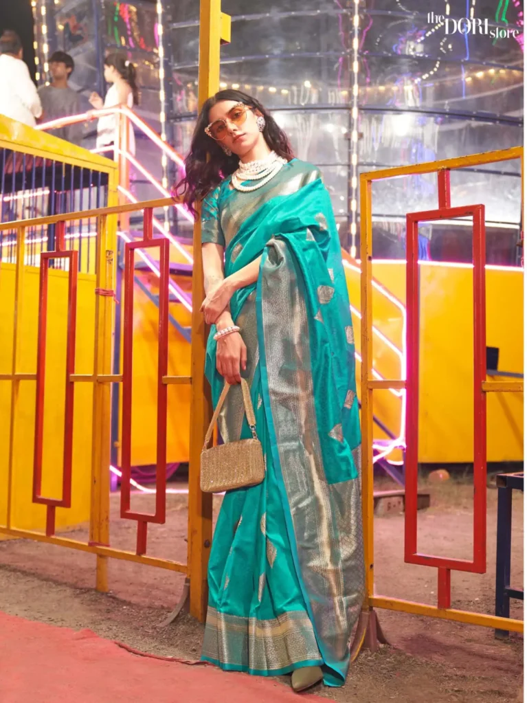 Teal Blue Banarasi Woven Silk Saree - party wear saree