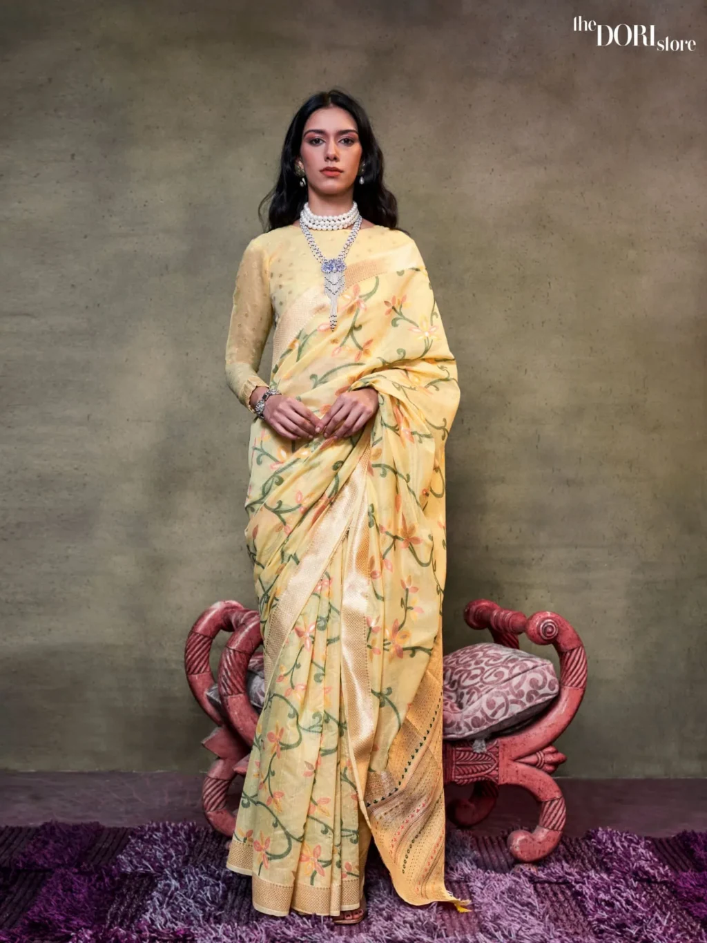 Vanilla Yellow Luxe Woven Banarasi Jamdani Saree - party wear saree