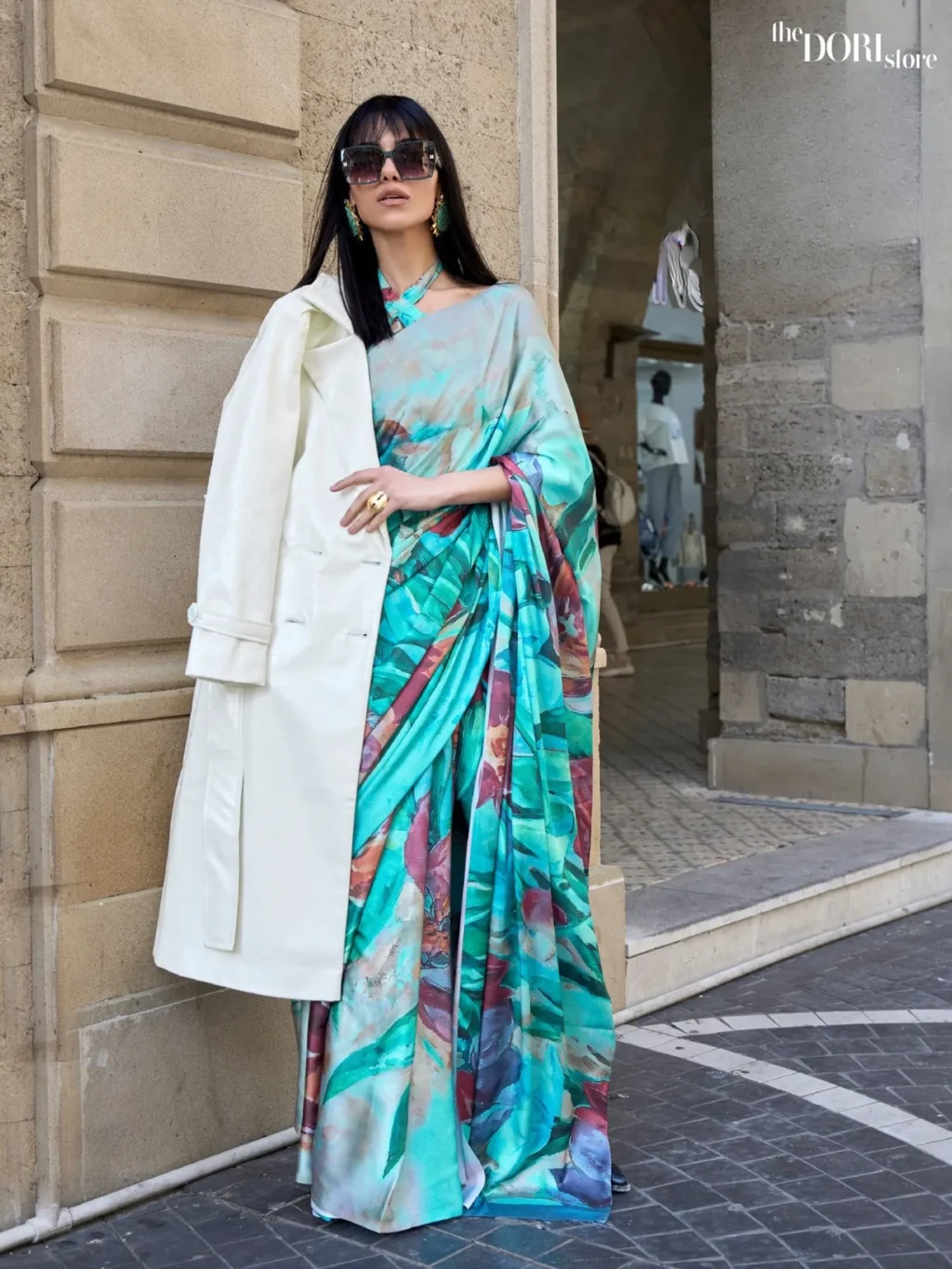 Ocean Blue Digital Print Satin Crepe Silk Saree - party wear saree