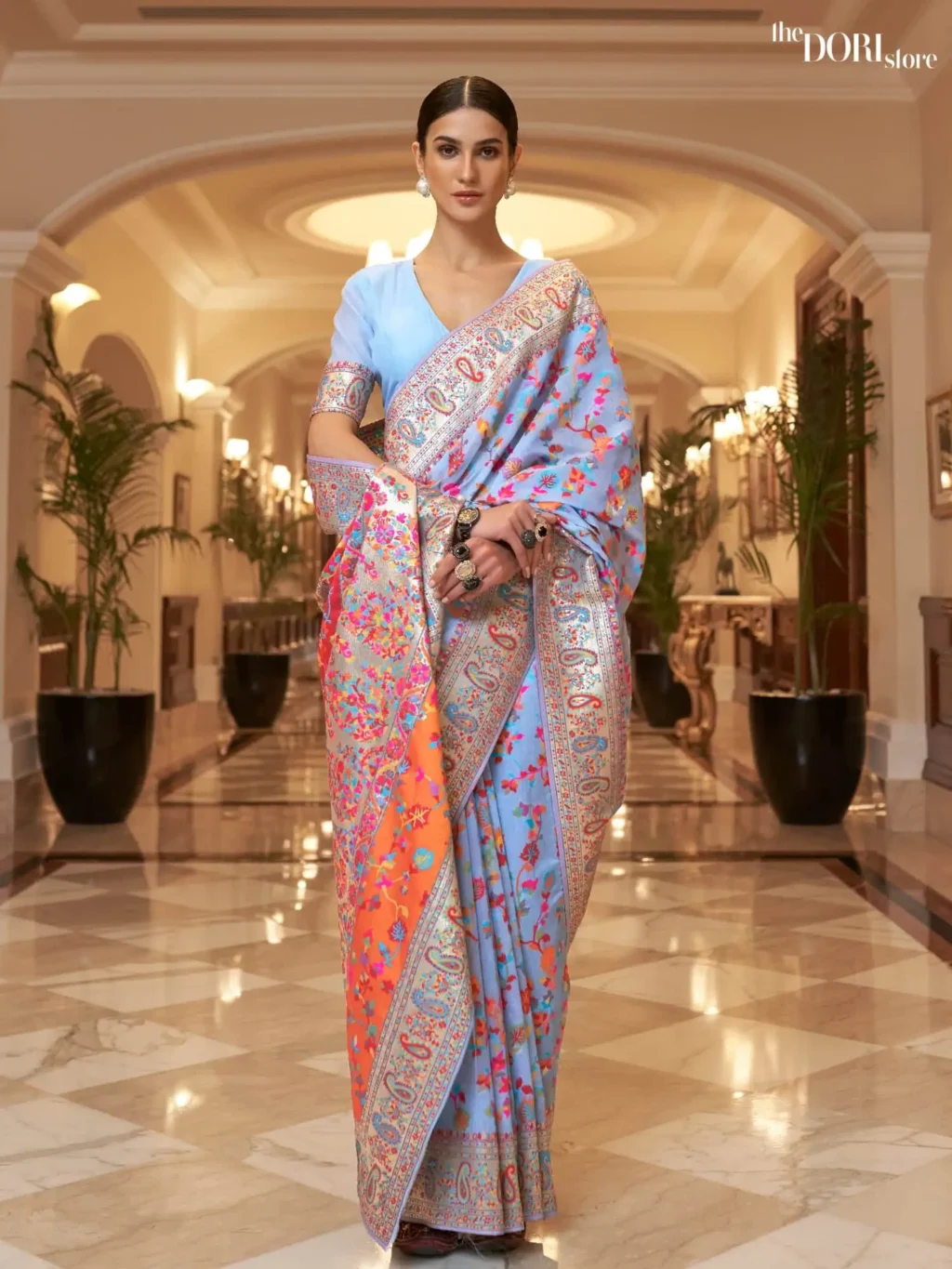 Light Blue Floral Kashmiri Jamewar Silk Saree - party wear saree