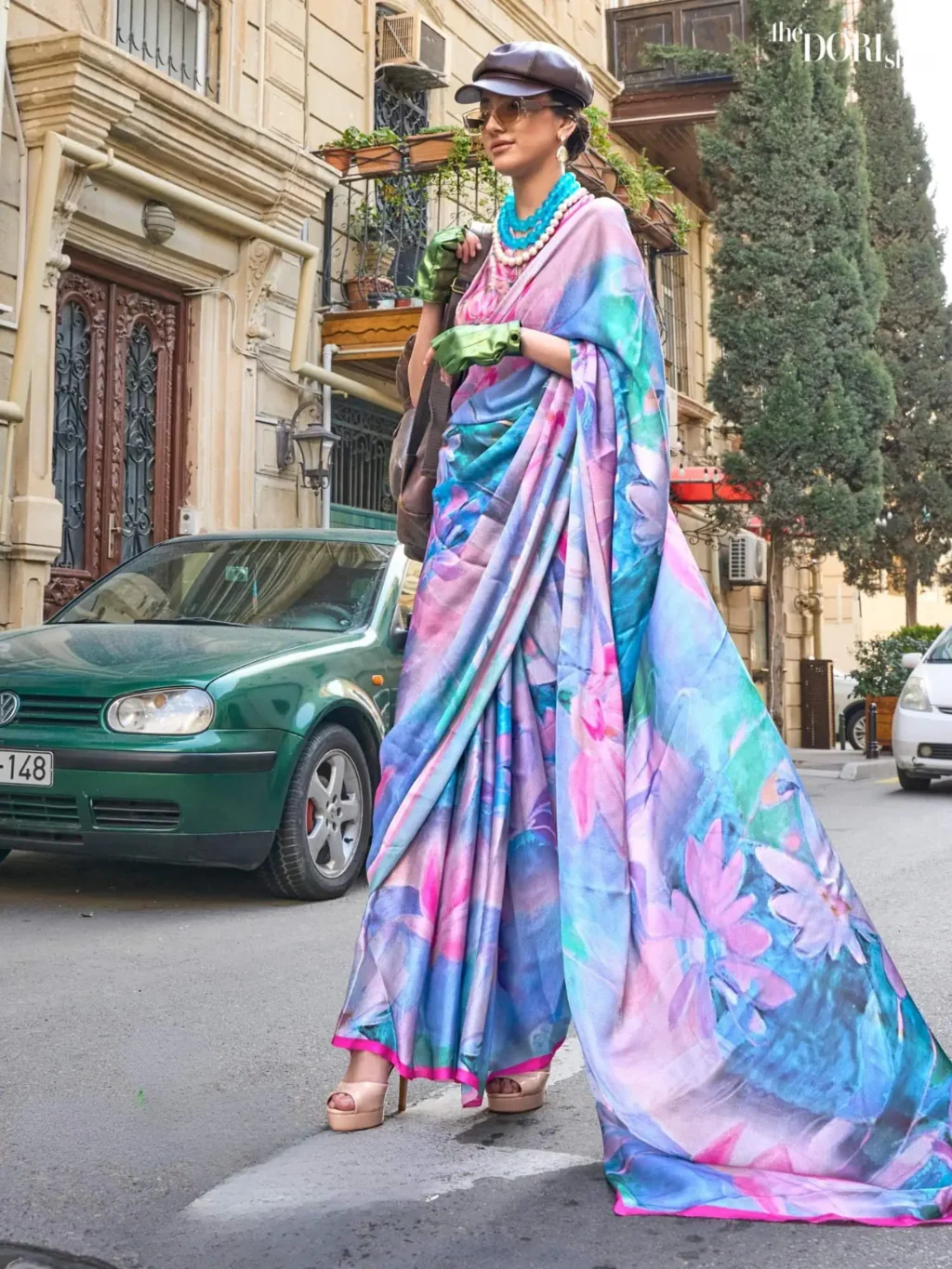 Pink and Blue Printed Satin Georgette Silk Saree - party wear saree
