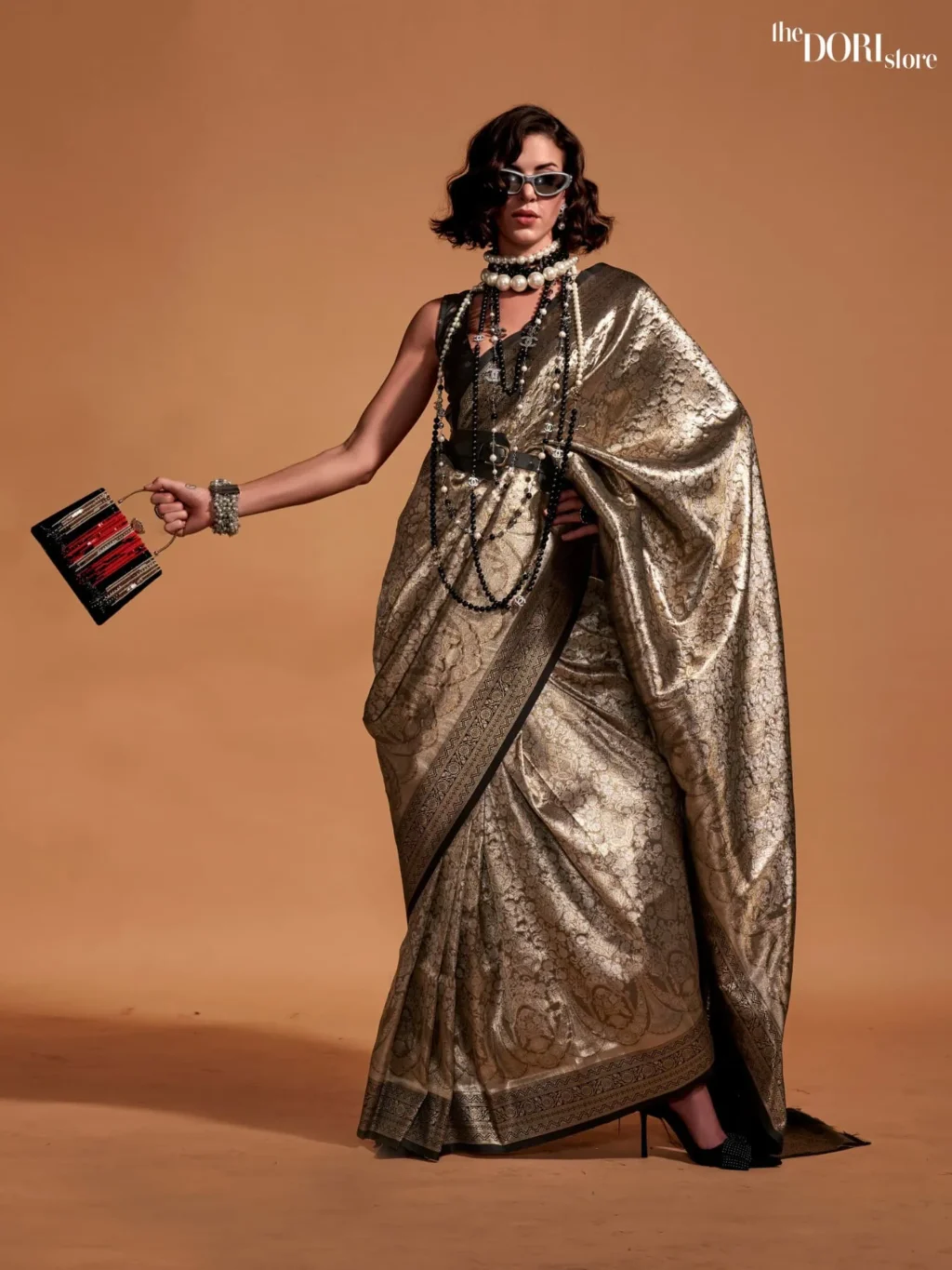 Metalic Black Handwoven Kanjeevaram Silk Saree - party wear saree