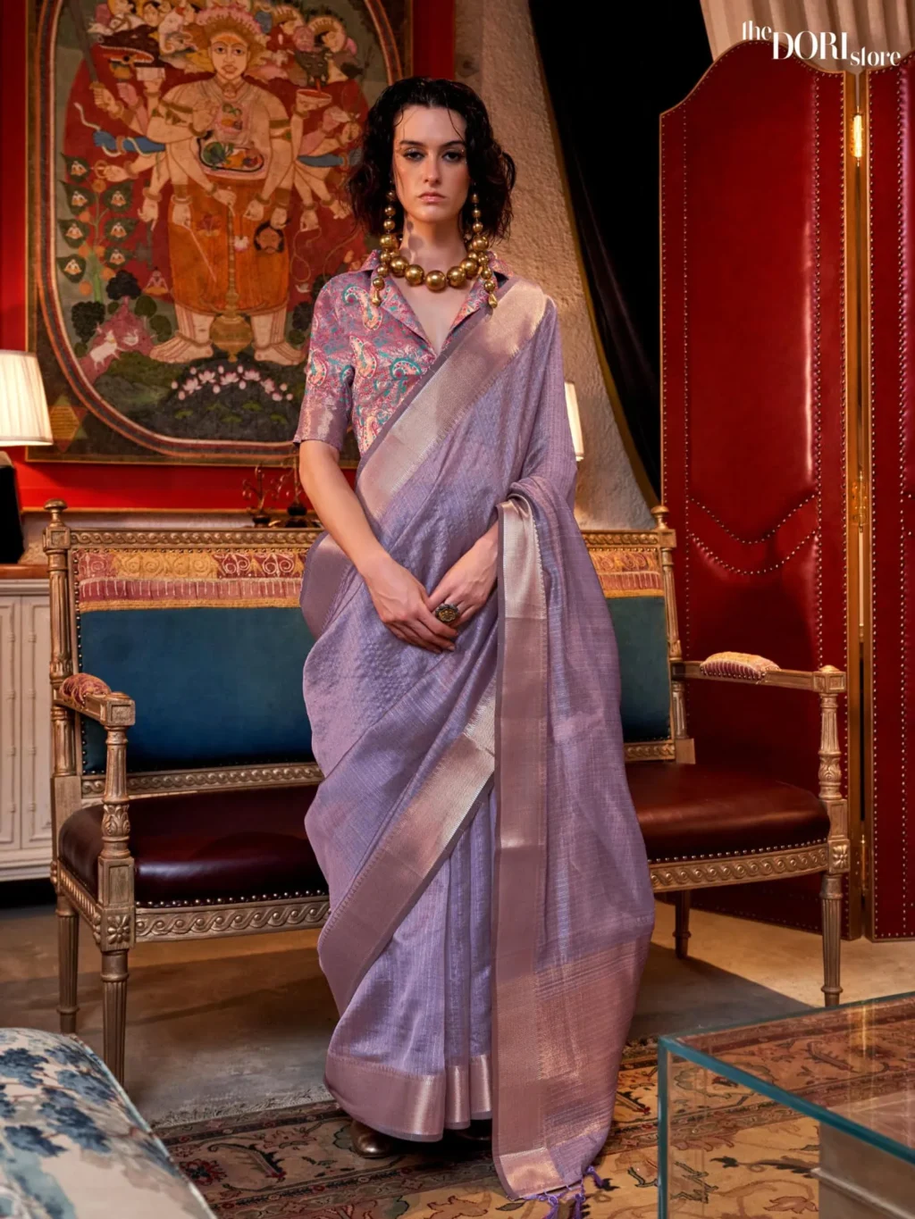 Lavender Purple Moss Chiffon Silk Saree with Contrast Blouse  - party wear saree