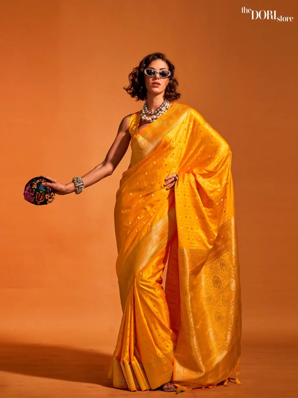 Bright Yellow Dual Tone Banarasi Satin Silk Sare - party wear saree