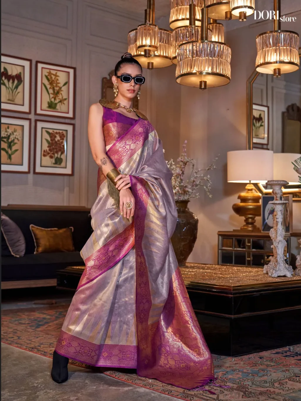 Ethnic Light Lavender Zari Handloom Tissue Silk Saree - party wear saree