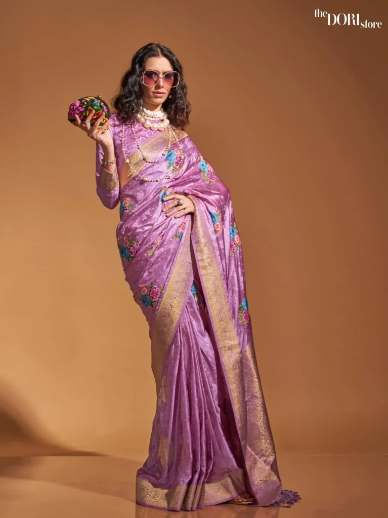 Lavender Purple Partywear Handloom Satin Silk Saree - party wear saree