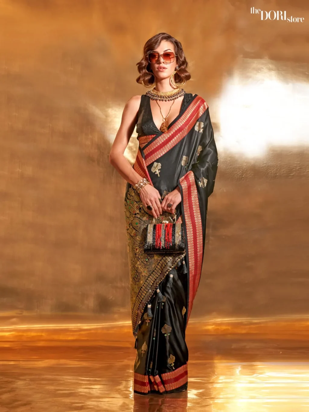 Royal Black Woven Soft Banarasi Satin Silk Saree - party wear saree