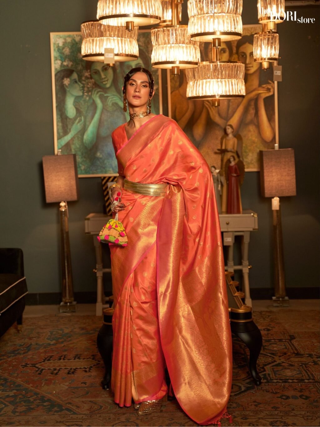 Ethnic Orange Designer Handloom Zari Woven Silk Saree - party wear saree