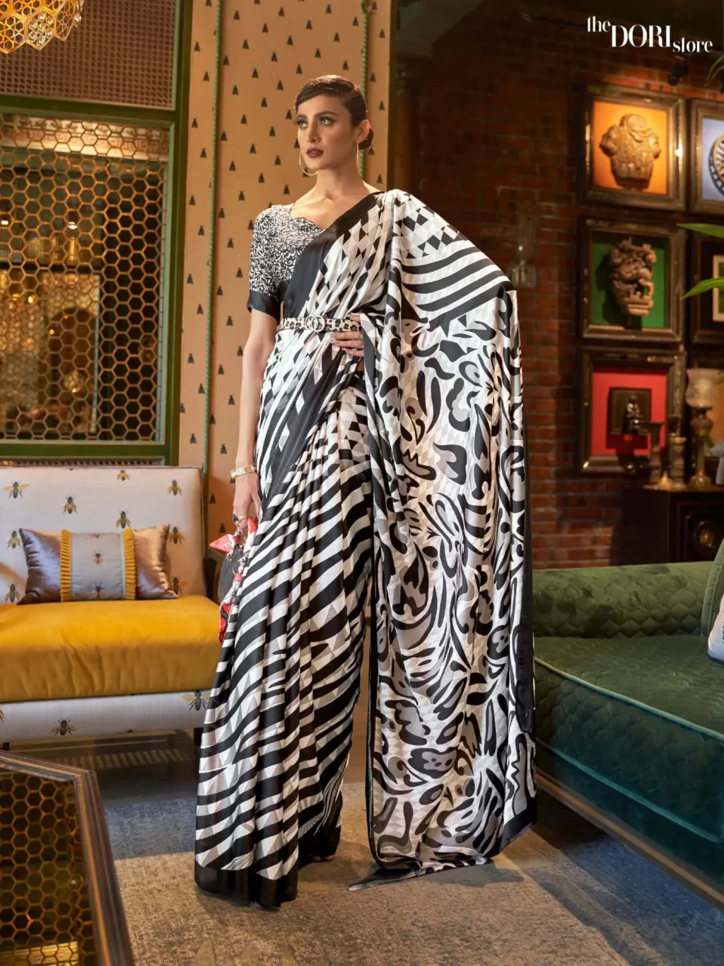 Black and White Printed Japan Satin Crepe Saree - party wear saree