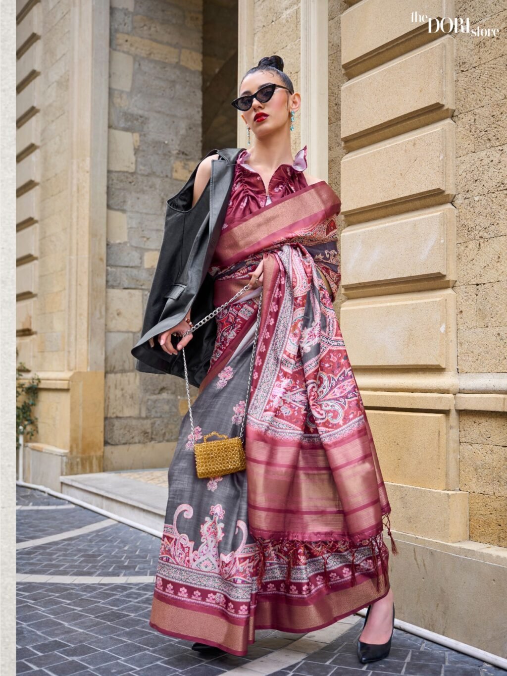 Maroon and Grey Pure Gaji Printed Silk Handloom Woven Saree - party wear saree