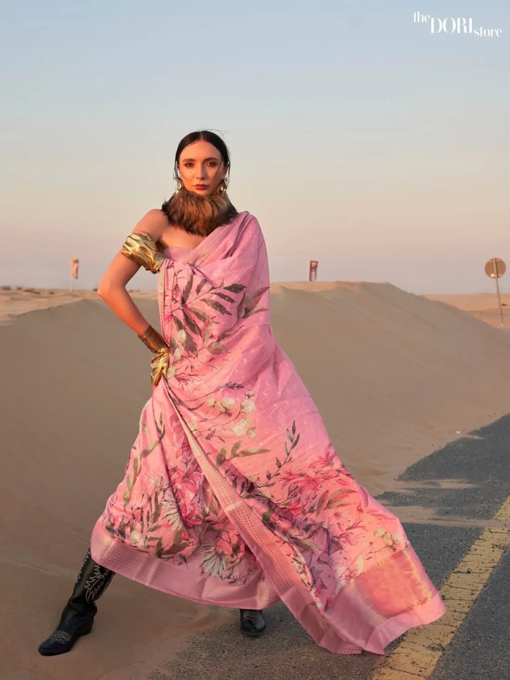 Light Pink Floral Printed Linen Saree - party wear saree