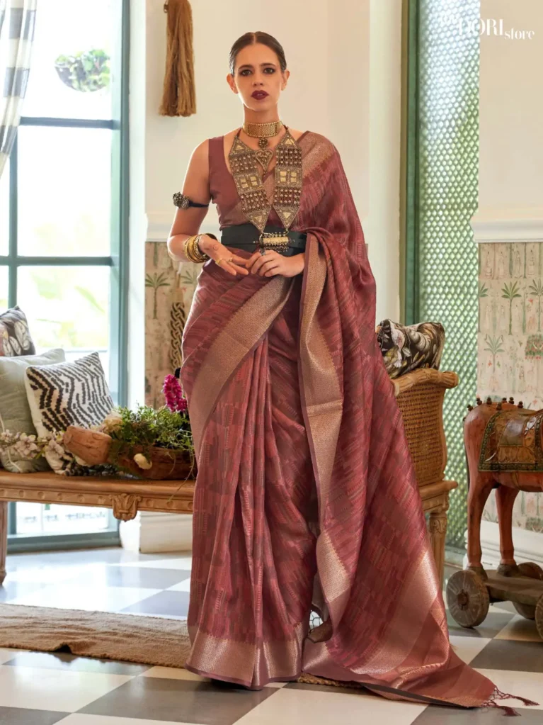 Reddish Brown Dual Tone Handloom Organza Silk Saree - party wear saree
