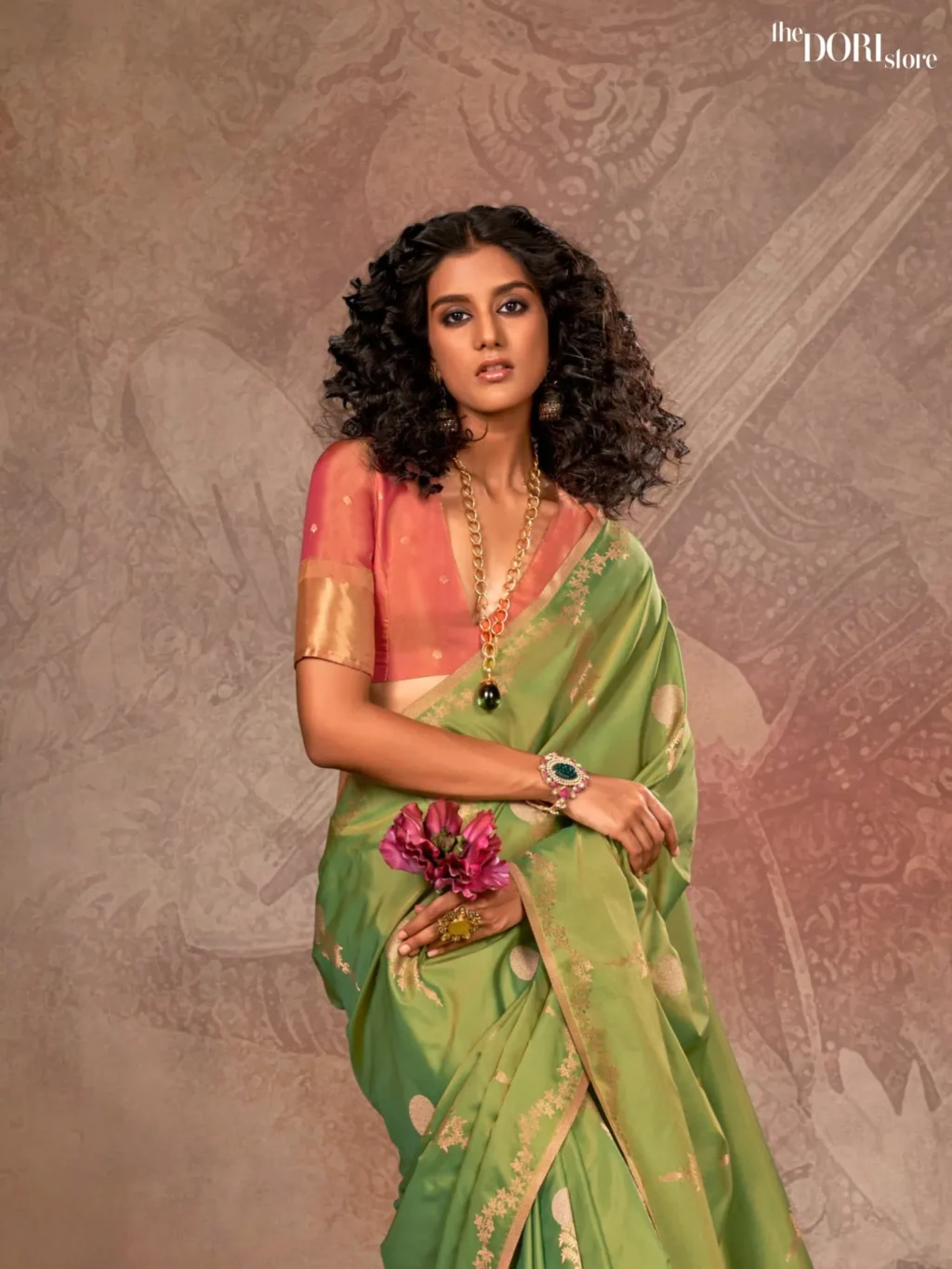 Ethnic Lime Green Dual Tone Banarasi Handloom Silk Saree - Image 3