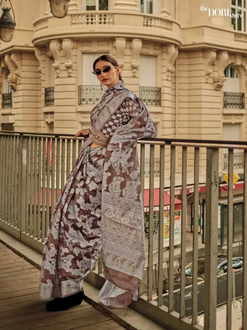 Greyish Brown Organza Chickankari Lucknowi Woven  Silk Saree - party wear saree