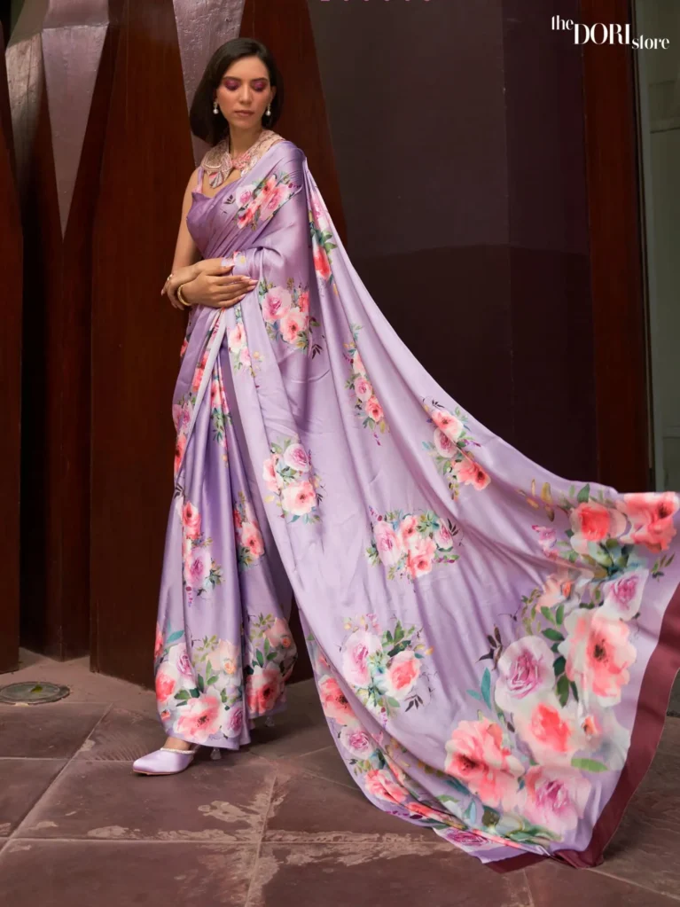 Lavender Digital Print Satin Crepe Silk Saree - party wear saree