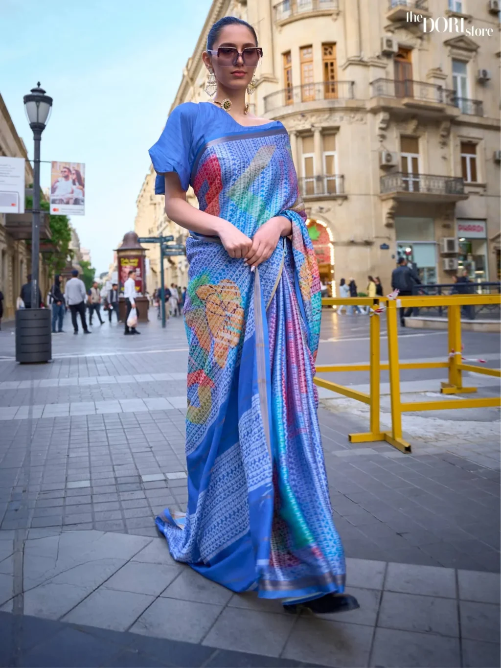 Ethnic Blue Poly Viscose Printed Handloom Woven Saree - Image 3