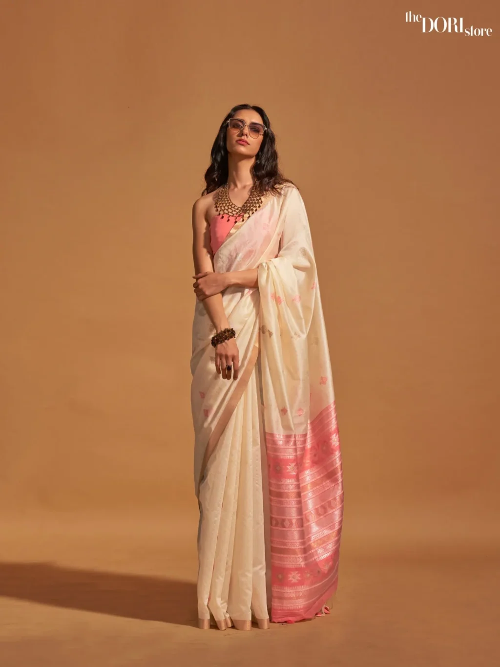 Pinkish White Handloom Woven Silk Saree - party wear saree