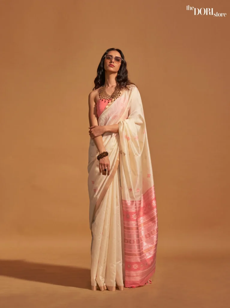 Pinkish White Handloom Woven Silk Saree - party wear saree