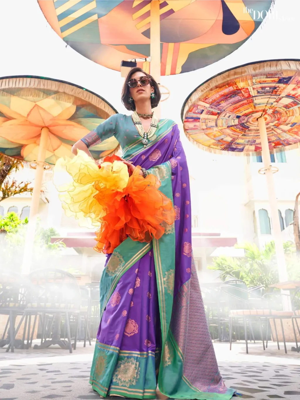 Green and Violet Purple Dual Tone Banarasi Silk Saree - party wear saree