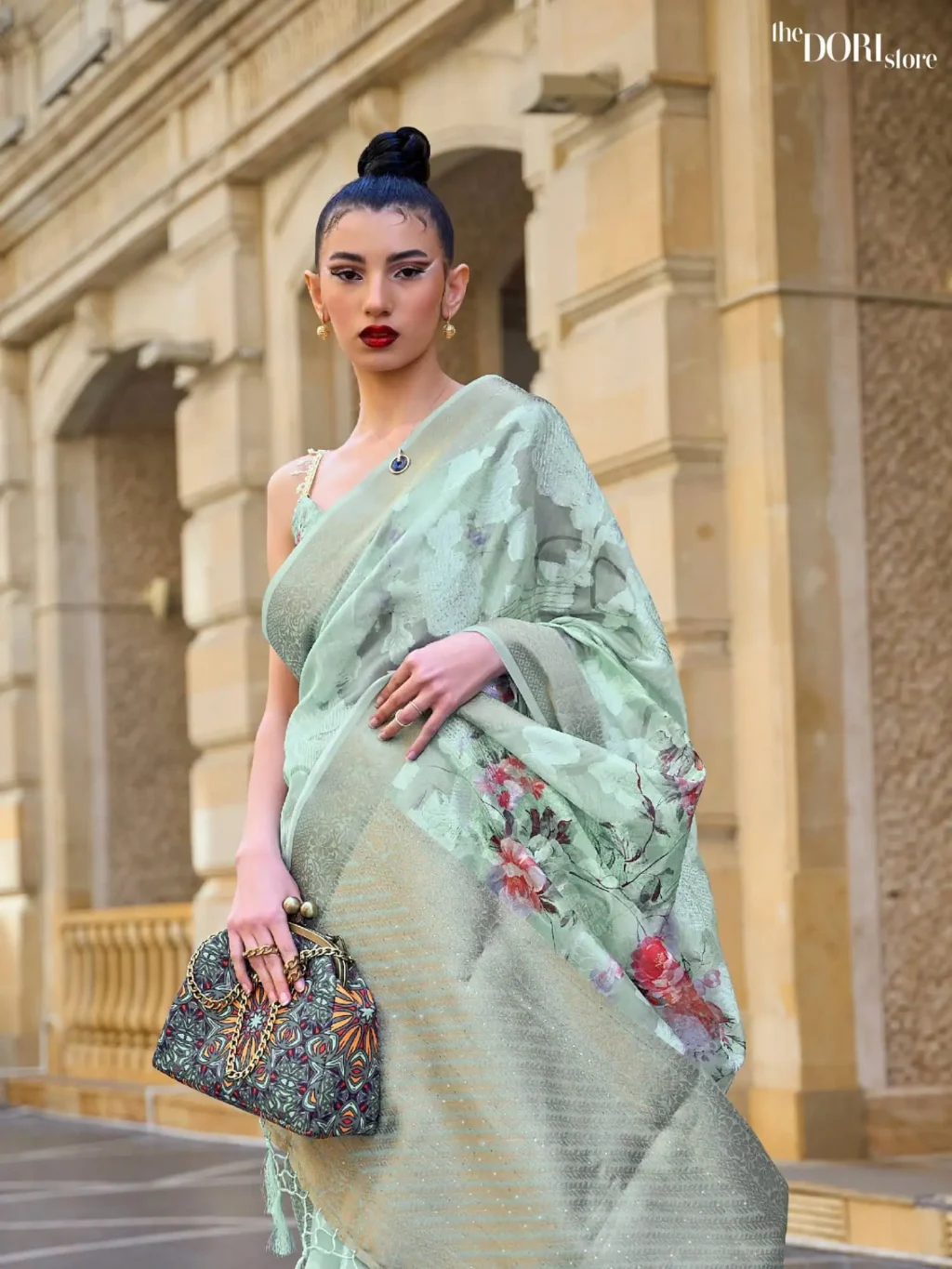 Ethnic Light Green Border Brasso Poly Printed Saree - Image 3