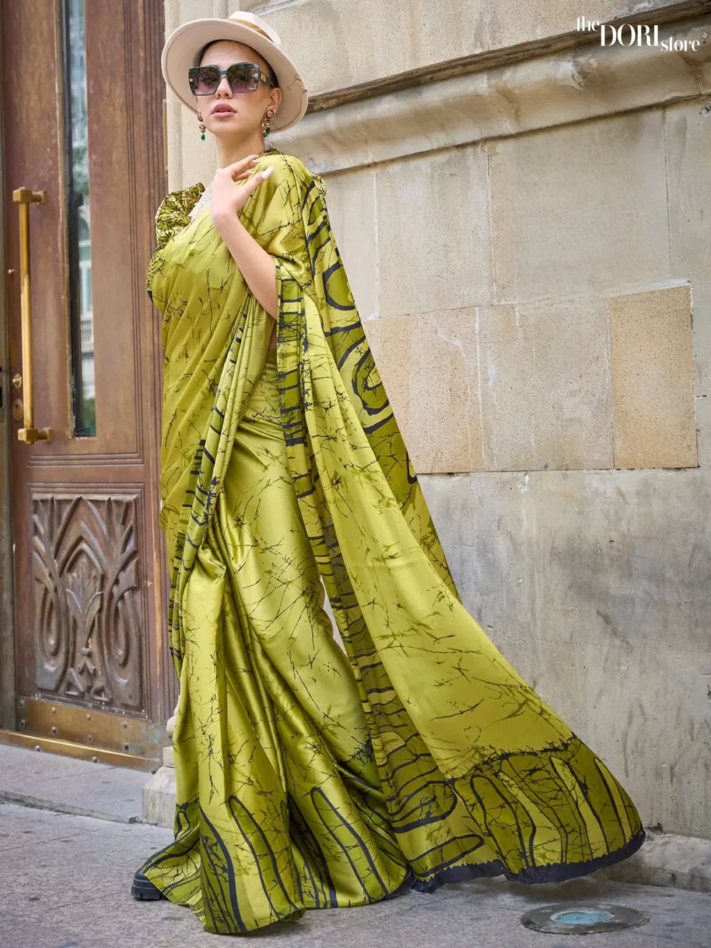 Olive Green Satin Crepe Digital Printed Saree - party wear saree