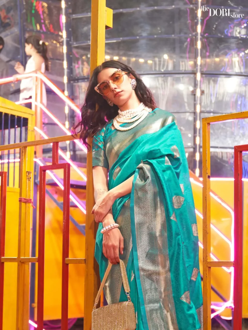 Teal Blue Banarasi Woven Silk Saree - Image 3