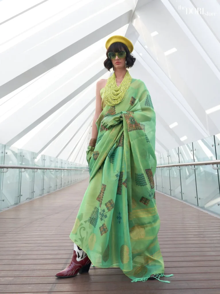 Elegant Sea Green Printed Handloom Linen saree Saree - party wear saree