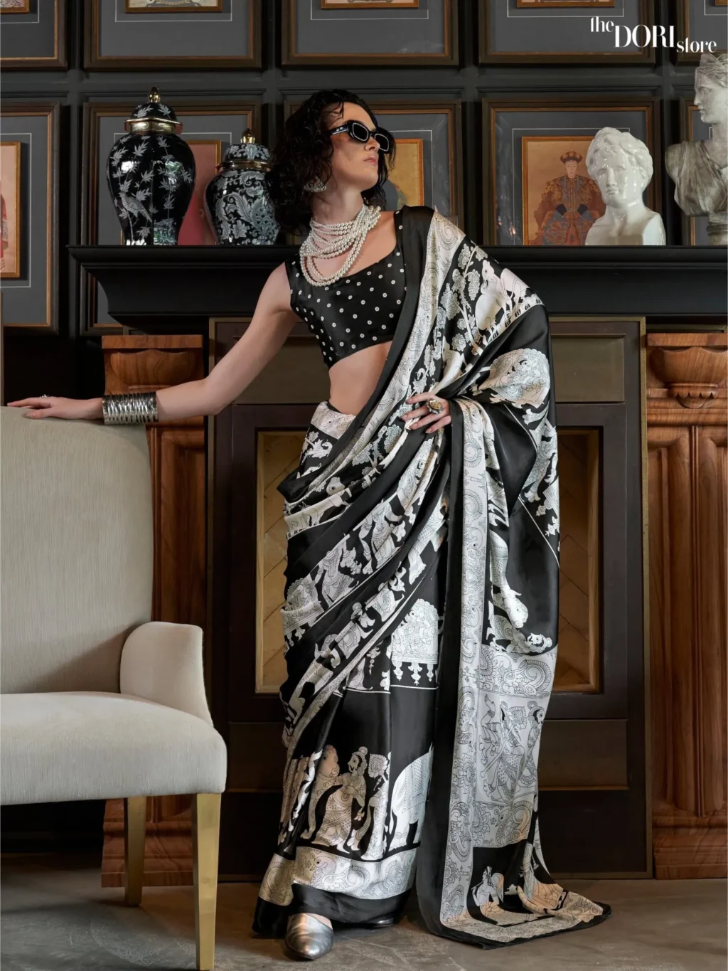 White and Black Patola Printed Crepe Silk Saree - party wear saree