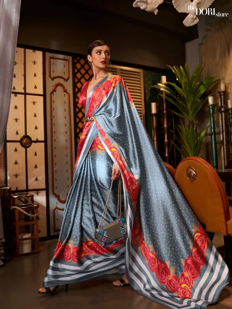 Beautiful Grey Printed Japan Satin Crepe Saree - party wear saree