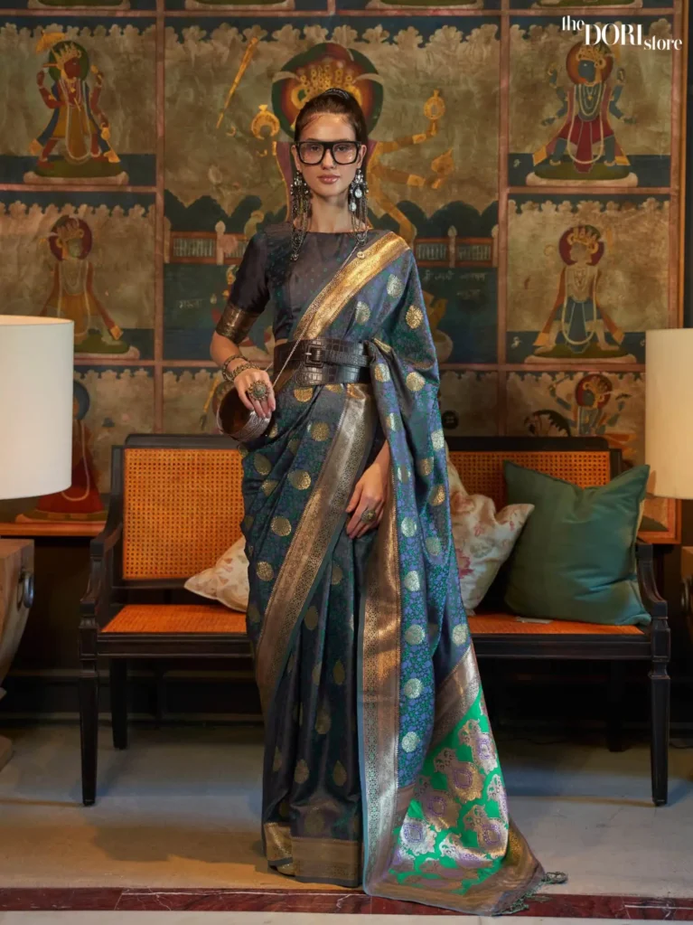 Royal Blue Pure Satin Partywear Banarasi Silk Saree - party wear saree