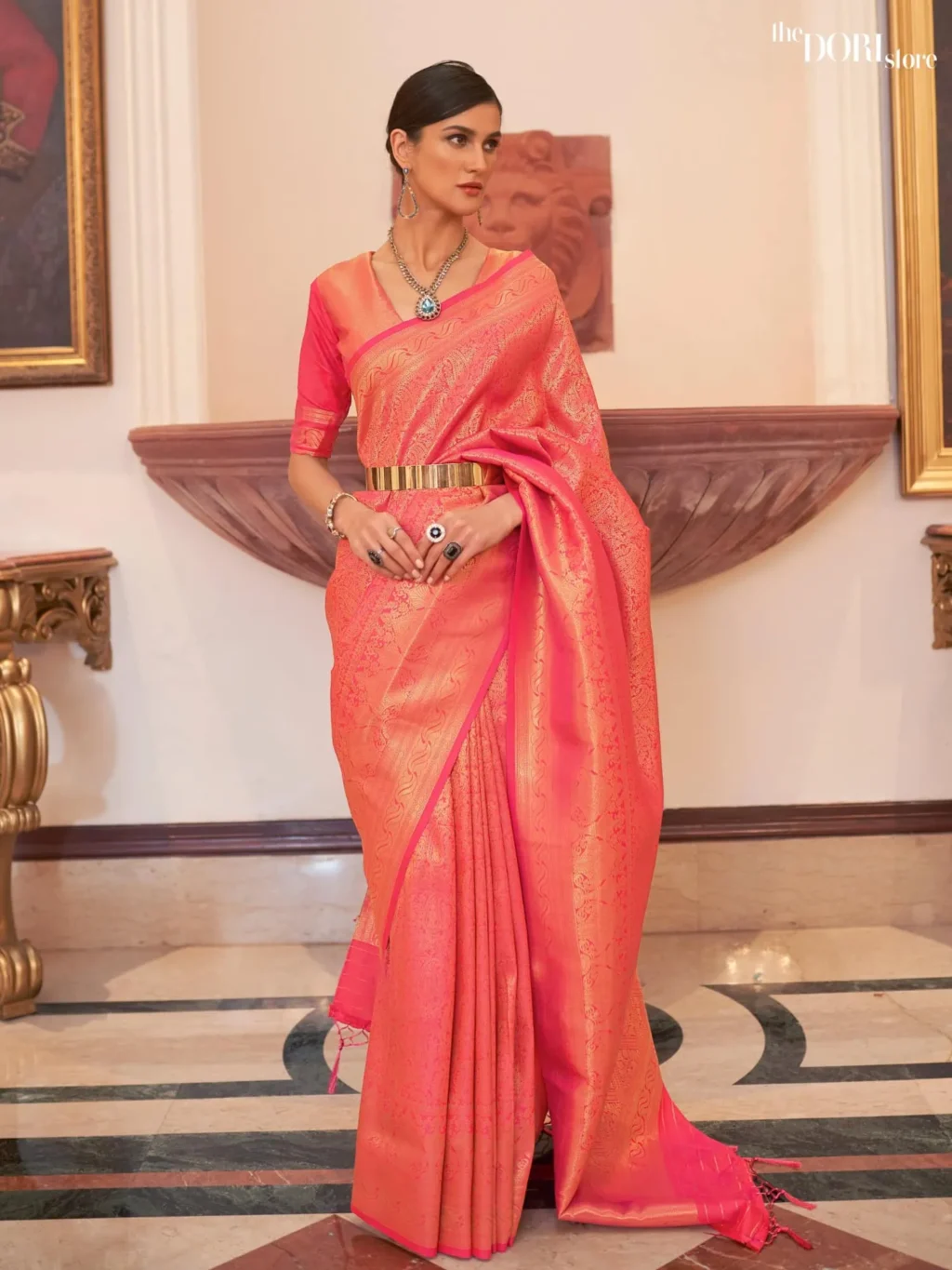 Peach Pink Kanjeevaram Woven Silk Saree - party wear saree