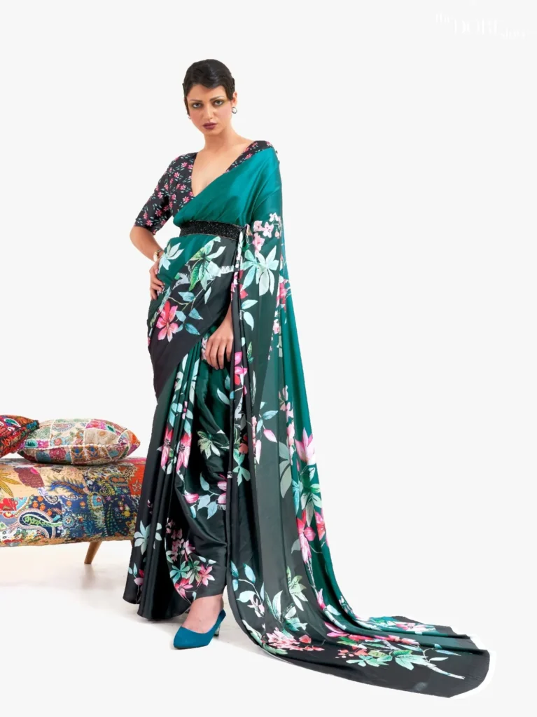 Royal Rich Green Digital Printed Soft Crepe Silk Saree - party wear saree