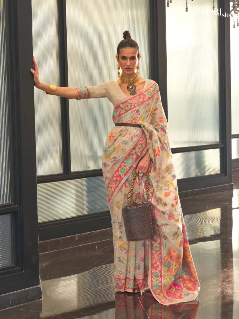 Ethnic Cream Kashmiri Floral Modal Handloom Silk Woven Saree - party wear saree