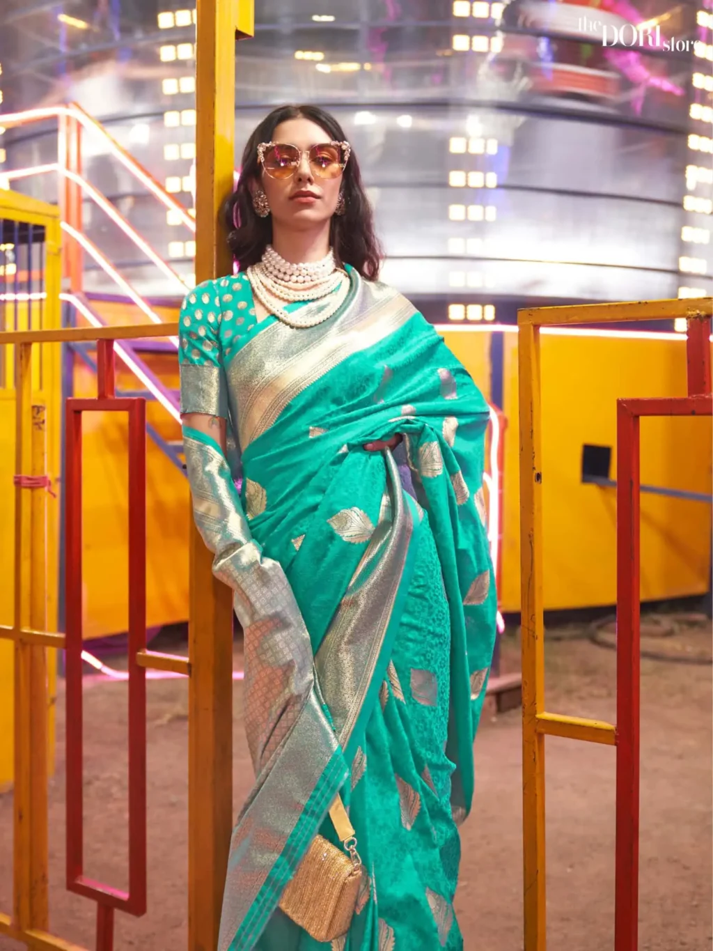 Teal Blue Banarasi Woven Silk Saree - Image 2