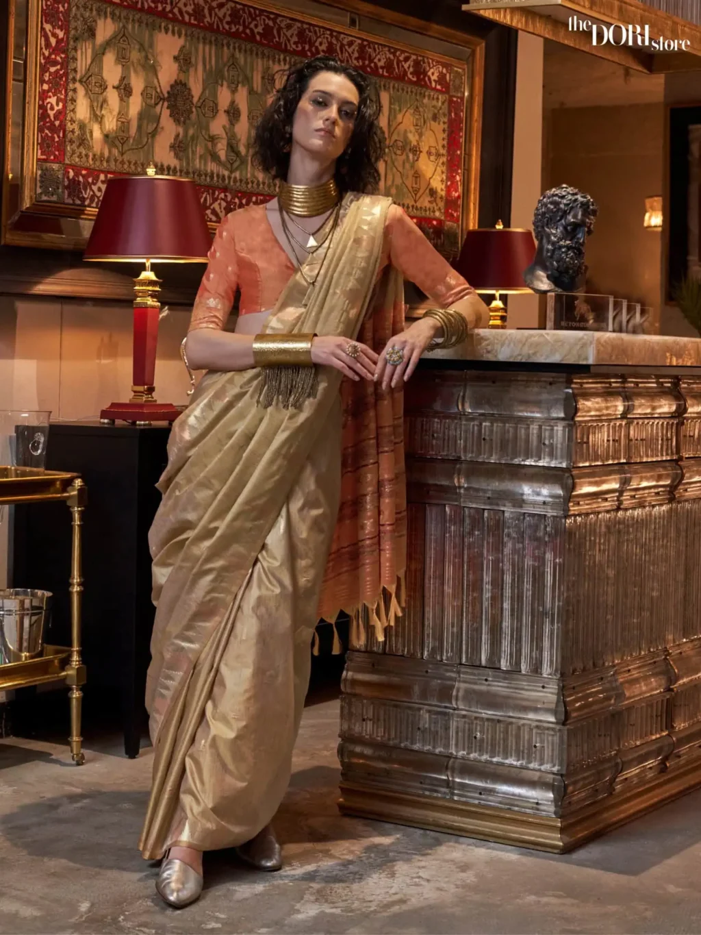 Ethnic Beige Brown Tussar Silk Saree with Contrast Ikkat Pallu and Blouse  - party wear saree