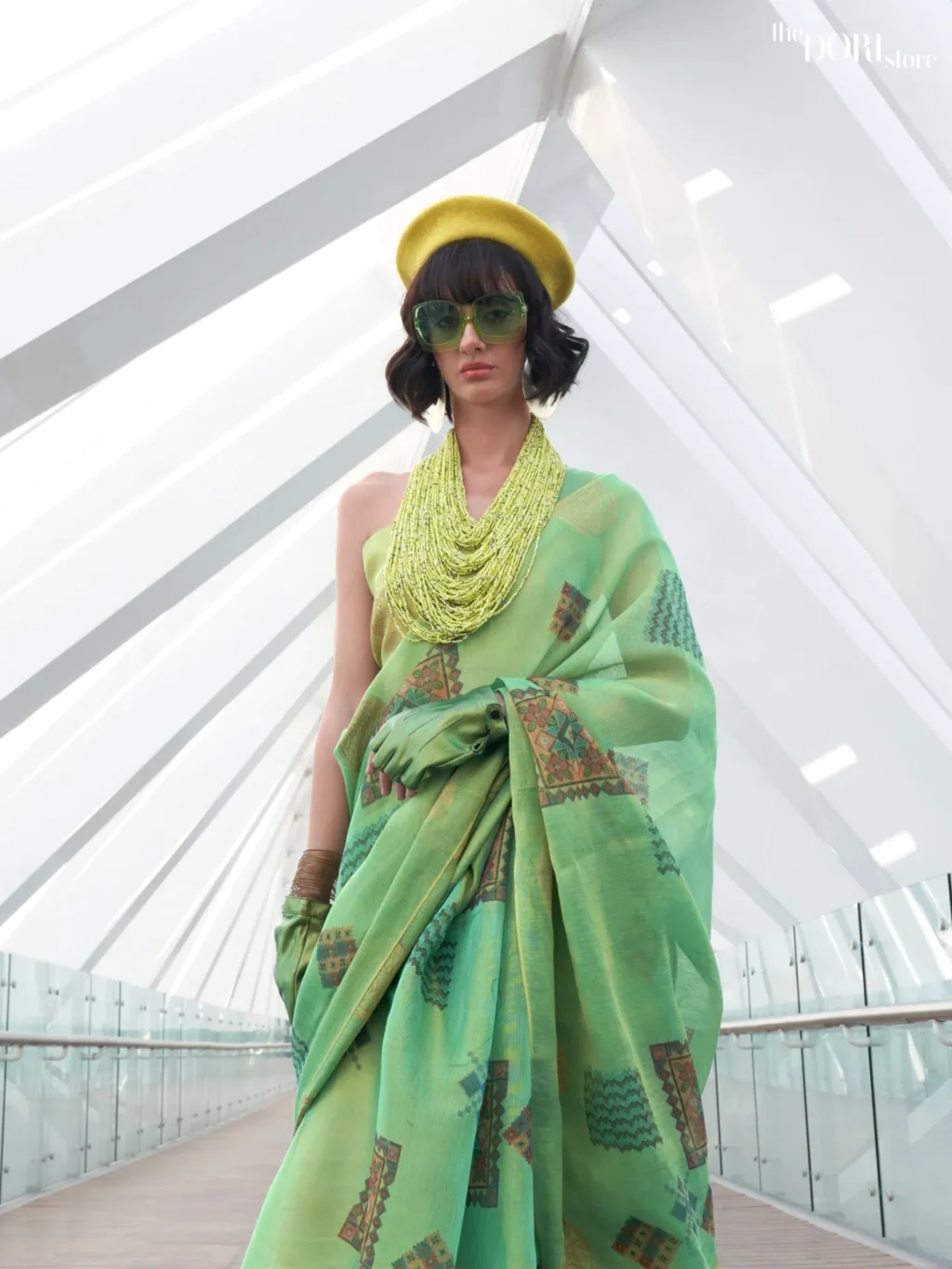 Elegant Sea Green Printed Handloom Linen saree Saree - Image 3