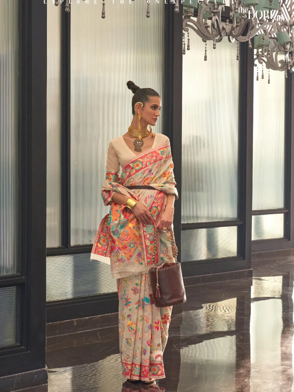 Ethnic Cream Kashmiri Floral Modal Handloom Silk Woven Saree - Image 2
