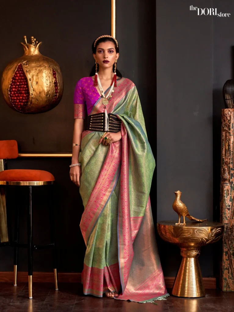 Purplish Olive Green Kanjeevaram Handloom Silk Saree - party wear saree