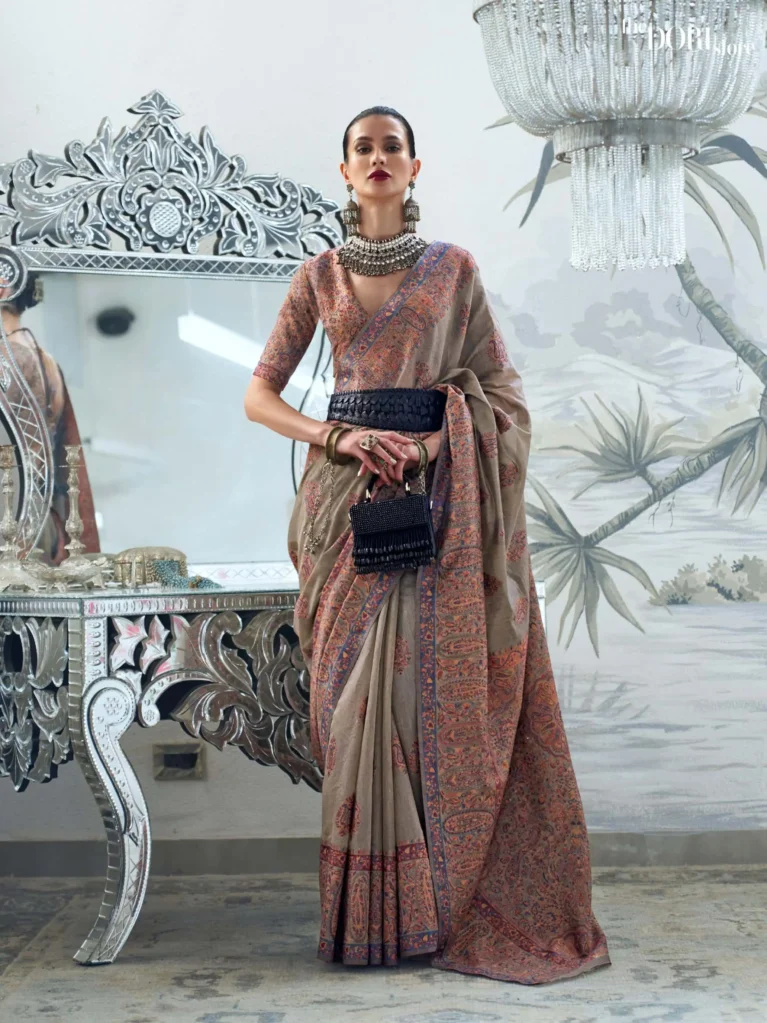 Ethnic Dark Grey Modal Kashmiri Handloom Silk Saree - party wear saree