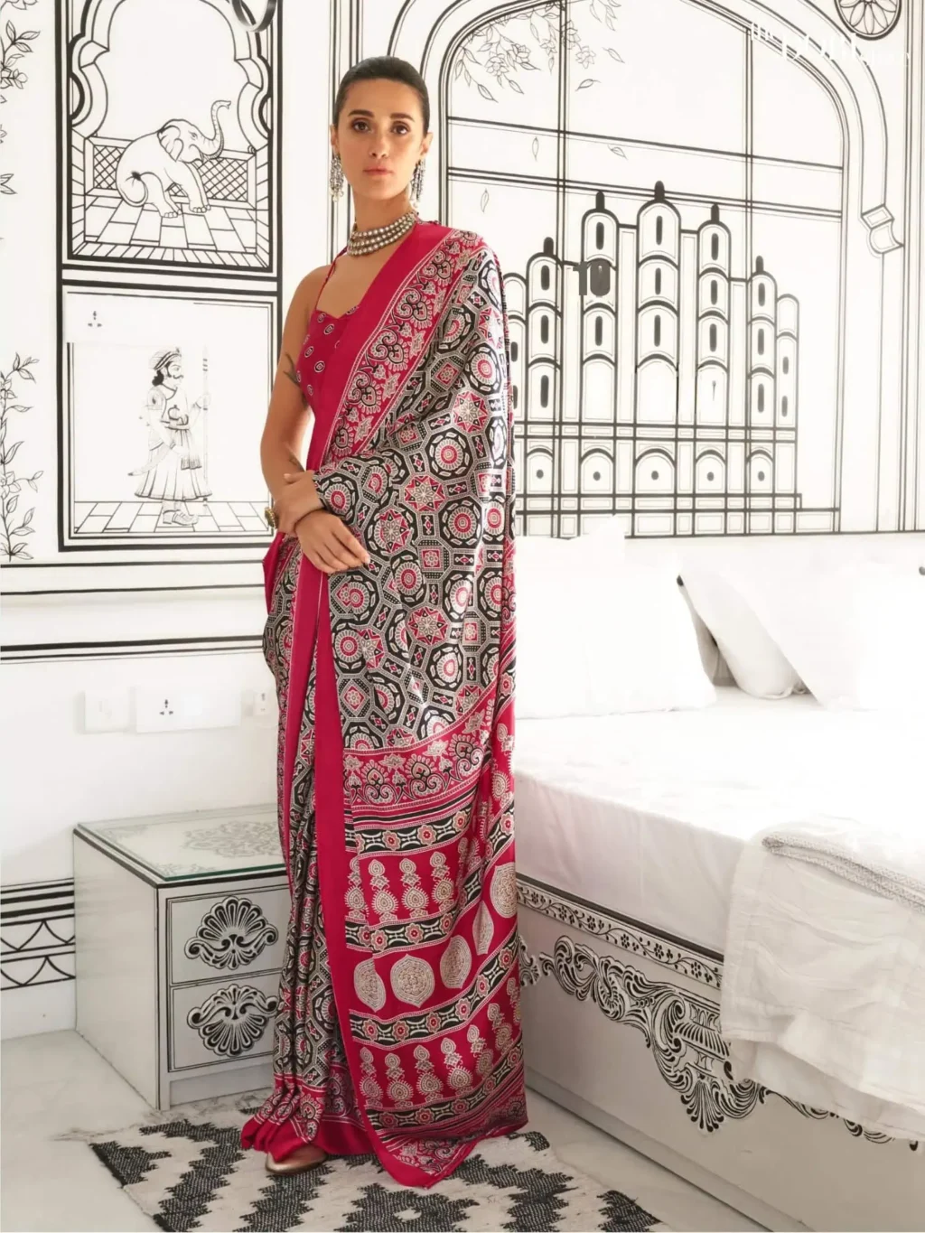 Pink and Black Light Weight Printed Ajrakh Satin Crepe Saree - party wear saree