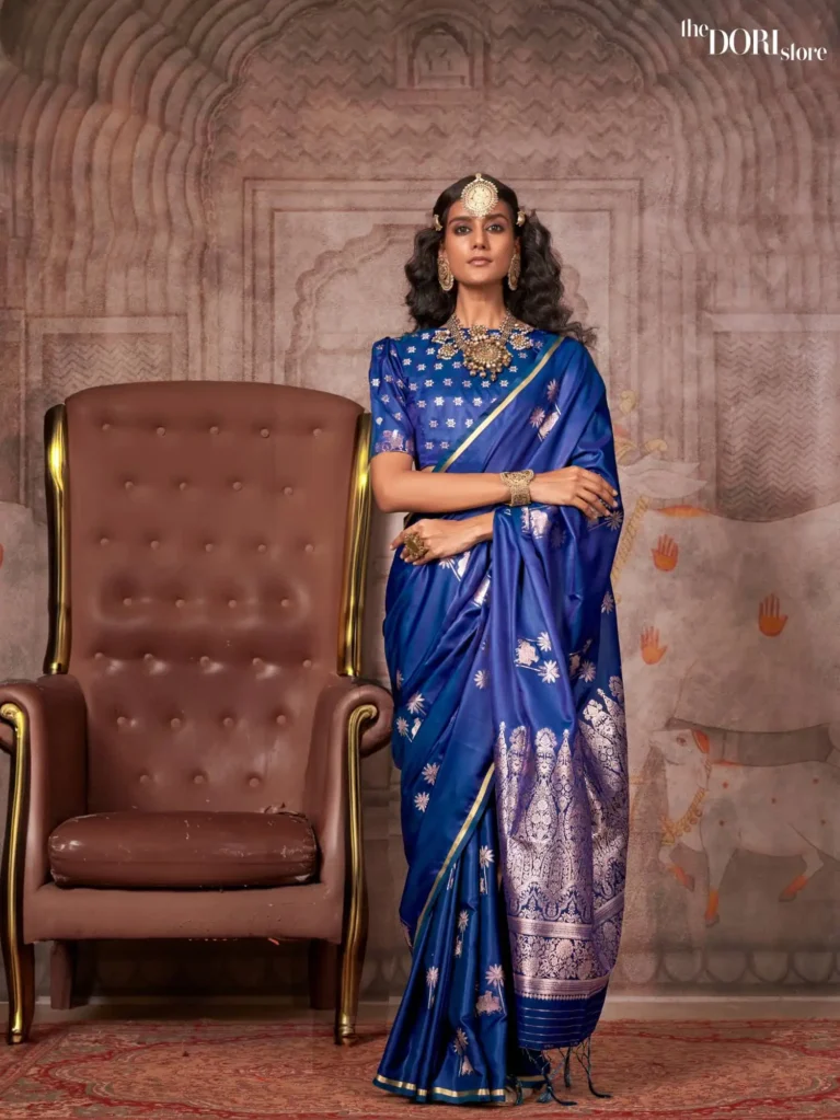 Ethnic Blue Partywear Banarasi Satin Silk Saree - party wear saree