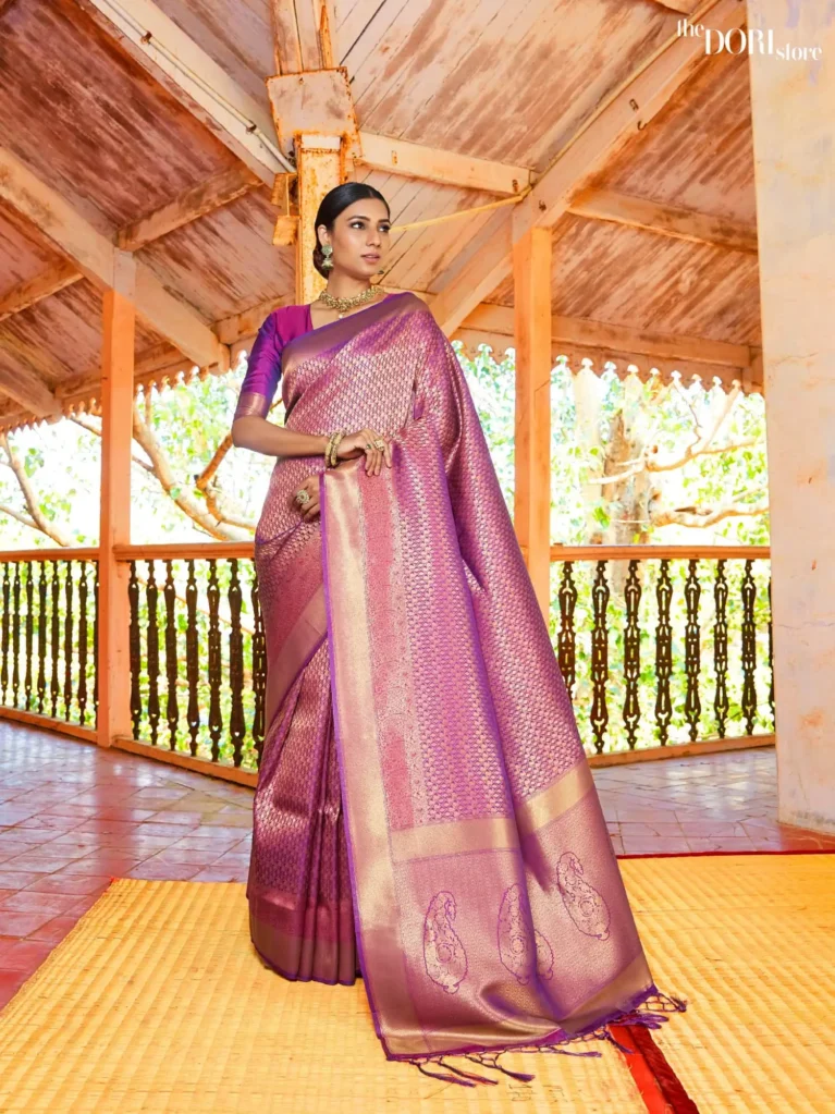 Jamun Purple Kanjeevaram Silk Saree with Golden Zari Border  - party wear saree