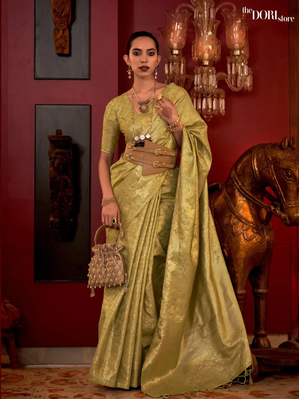 Citron Green Partywear Banarasi Handloom Zari Silk Saree - Image 2