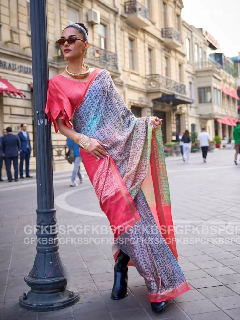 Pinkish Blue Poly Viscose Printed Handloom Woven Saree - party wear saree