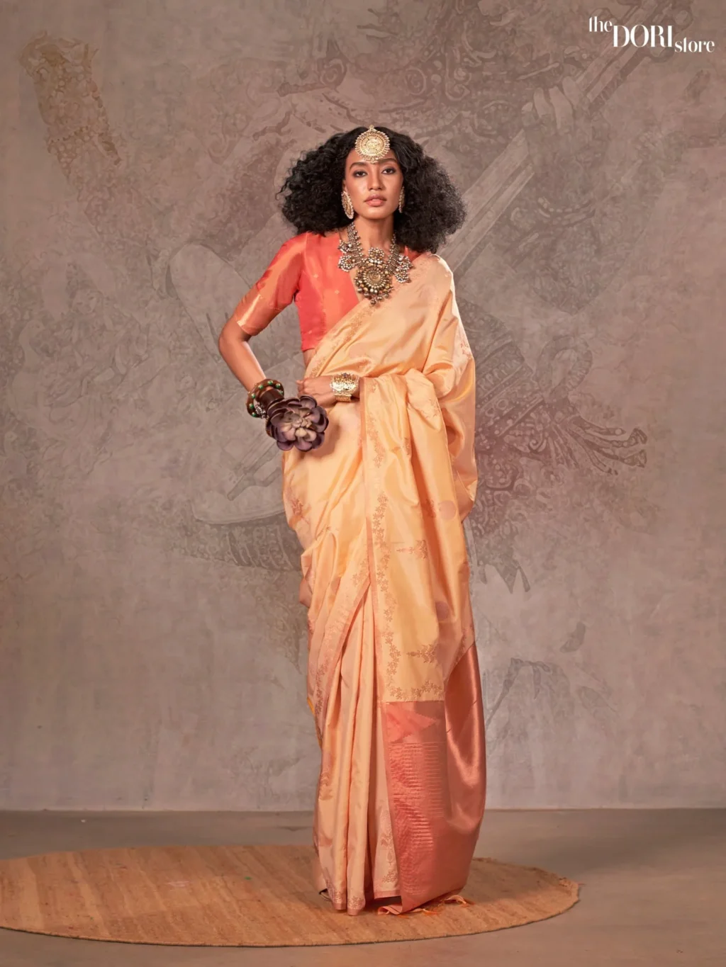 Elegant Creamish Orange Dual Tone Banarasi Handloom Silk Saree - Image 3