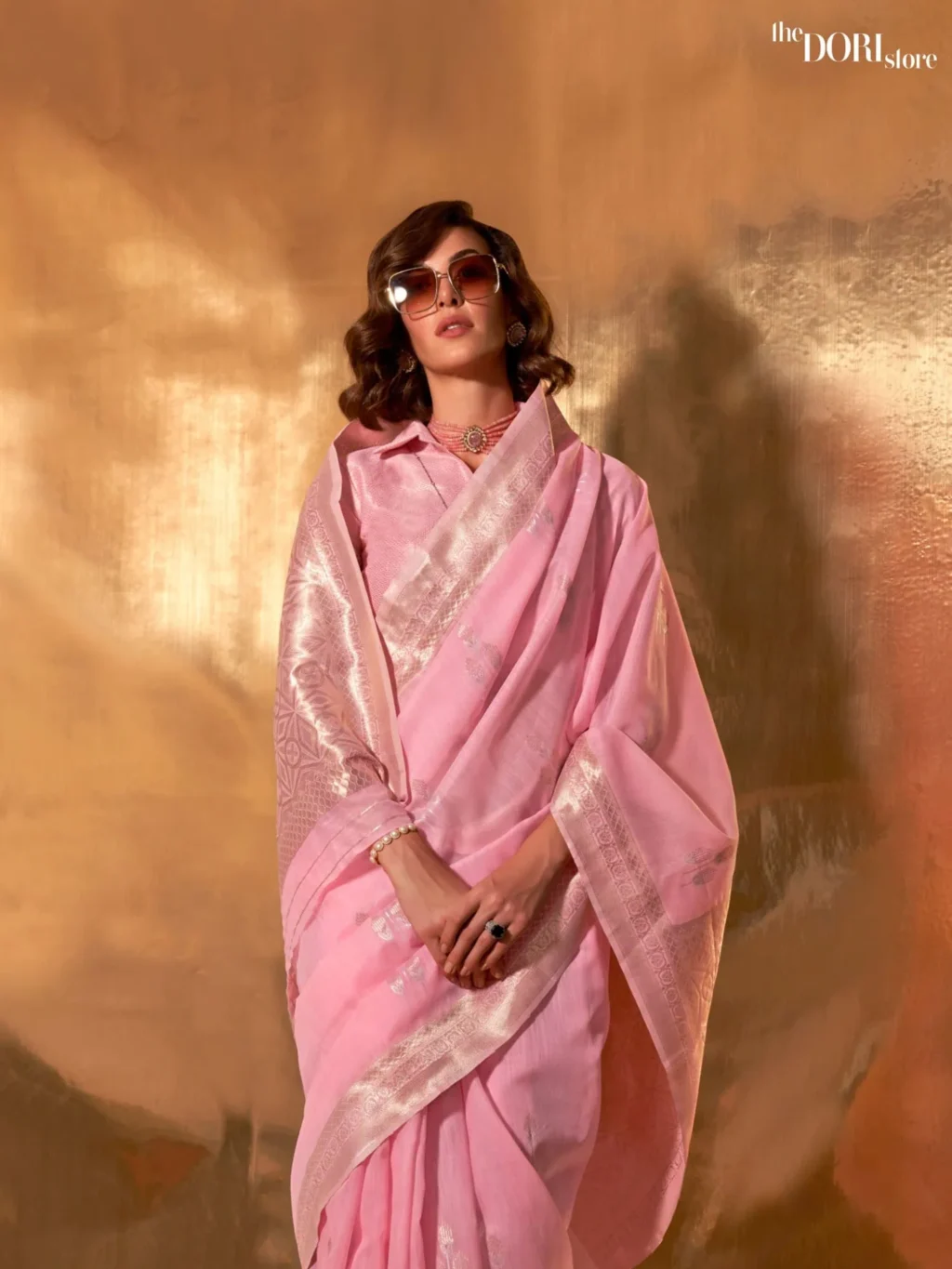 Light Pink Festive Woven Linen Silk Saree - Image 3
